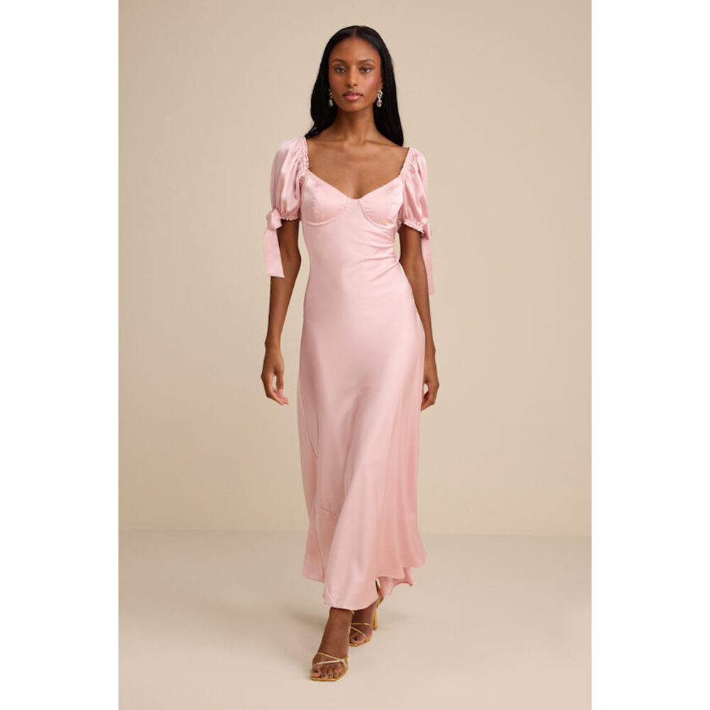 Lulus Santa Marta Blush Pink Satin Puff Sleeve Bow Maxi Dress - Size L